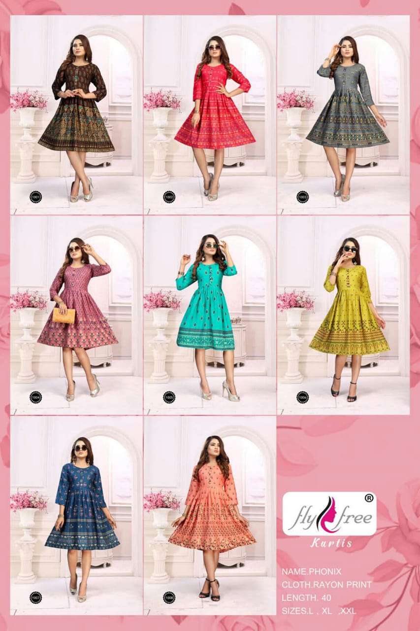 Fly Free Phonix Latest fancy bcasual wear Rayon Printed Designer Anarkali Kurtis Collection

